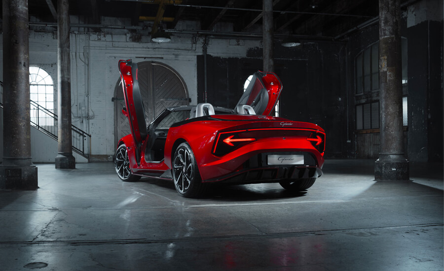 Rear shot of MG Cyberster with scissor doors open
