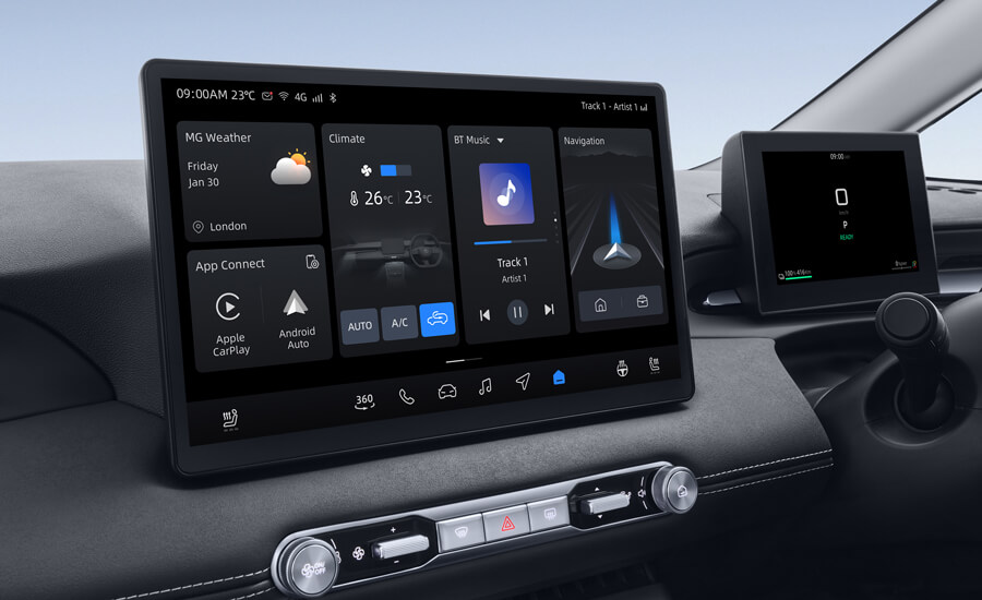 12.8-inch HD touchscreen and 7-inch driver display, with physical buttons for common controls