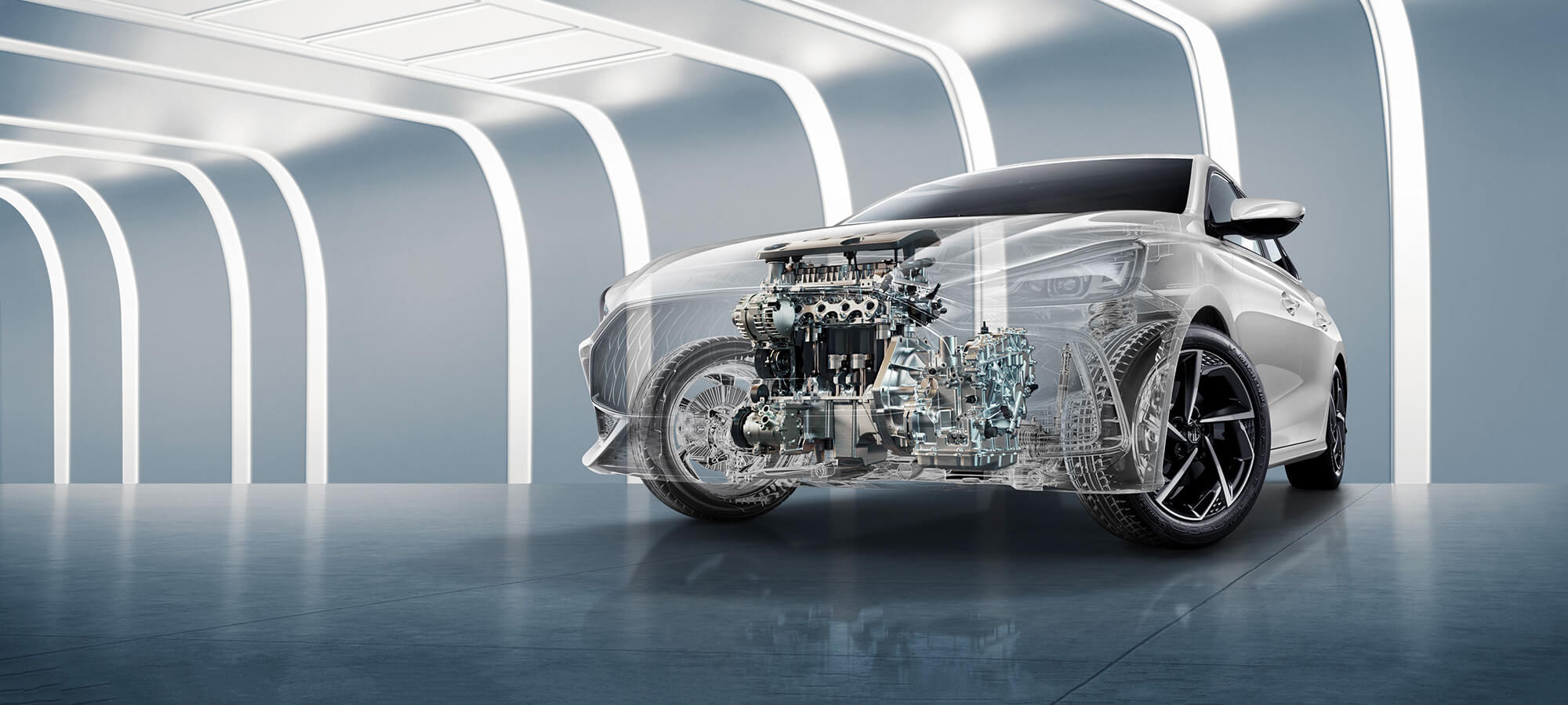 Semi-transparent front view of MG5 and powertrain components