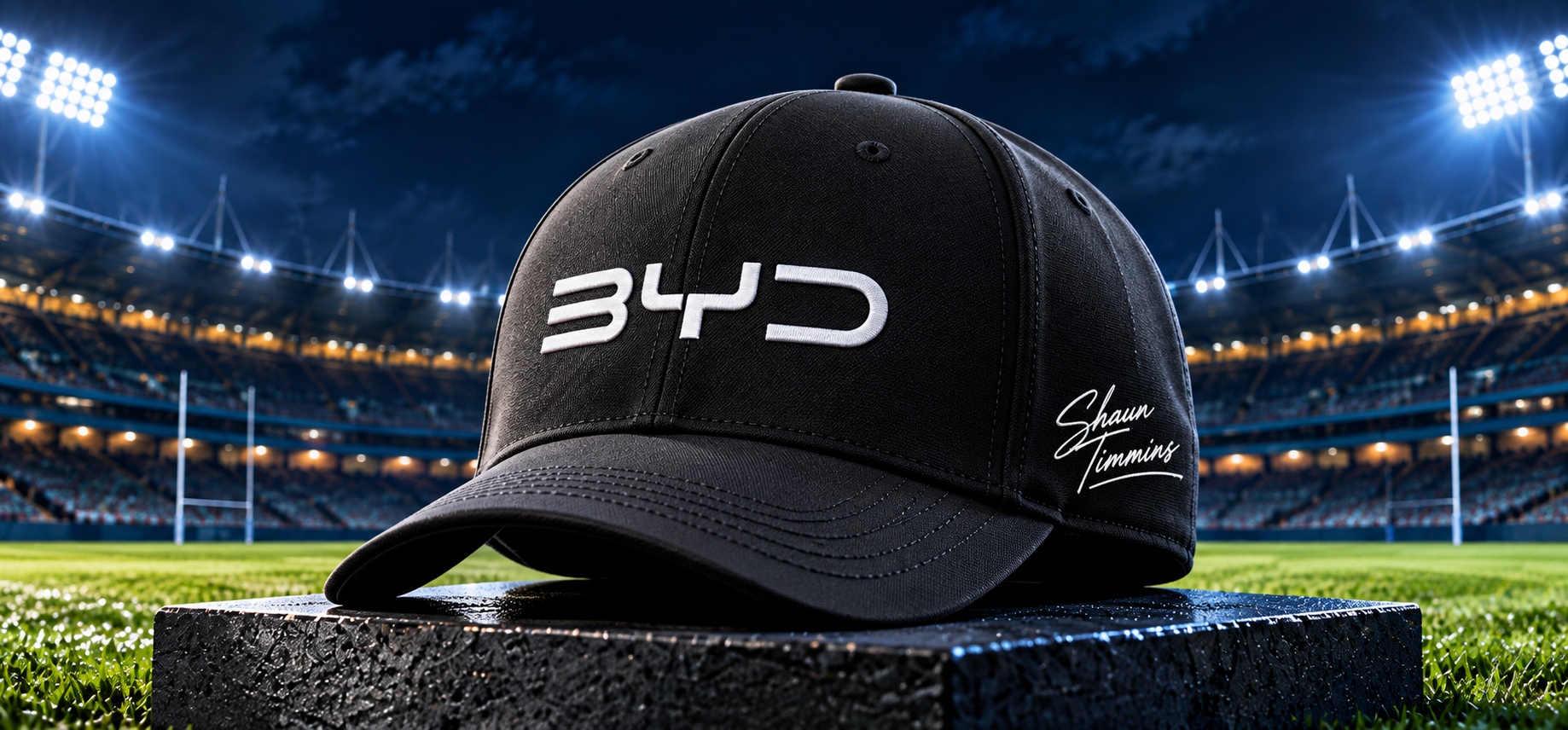 Black BYD cap signed by Shaun Timmins